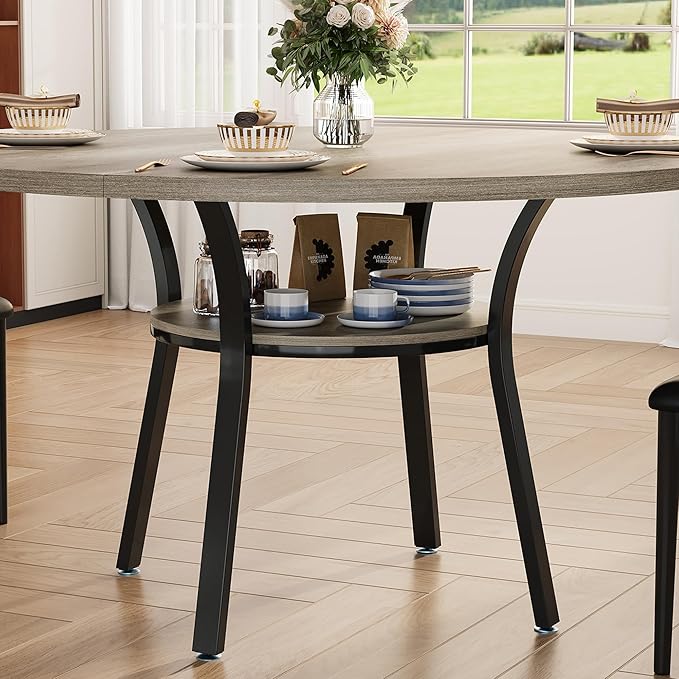 IDEALHOUSE Round Dining Table for 4-6, 47 Inch Kitchen Table with Sturdy Metal Frame, Space Saving Circle Dining Room Table for Small Space (Table Only), Grey