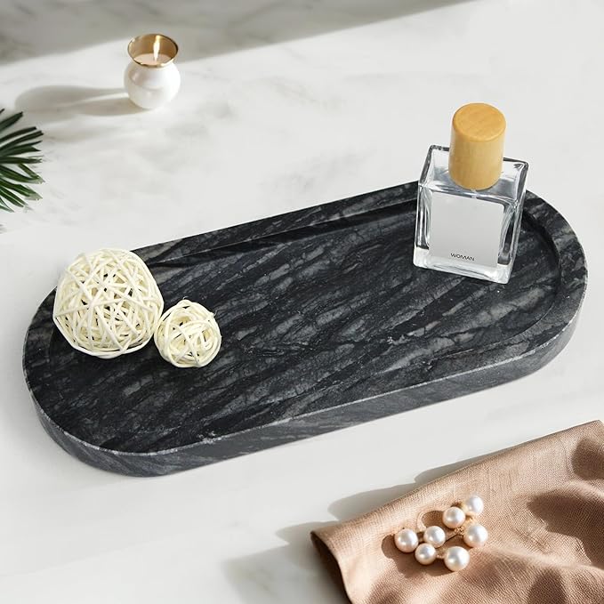 100% Real Natural Marble Tray for Bathroom, Luxury Ancient Wood Grain Stone Vanity Tray, Decorative Oval Trays for Countertop Storage Organizer, Vanity Dresser Kitchen Home Decor, Black