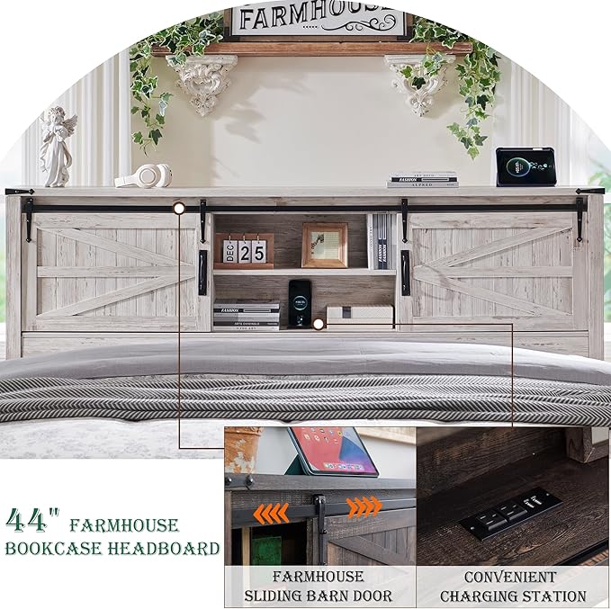 RedLemon Farmhouse King Size Bed Frame with Bookcase Headboard, Sliding Barn Door, Storage Cabinet, Charging Station, Wood Slats Support, No Box Spring Needed, Antique Brush White