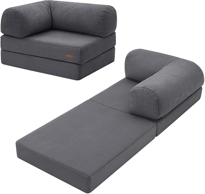COMAX Folding Sofa Bed, Fold Out Chair Bed, Foldable Sofa, Convertible Sleeper for Adults, Futon Chair Single Small Floor Couch for Spaces, Bedroom Living Room Guest Room, Grey