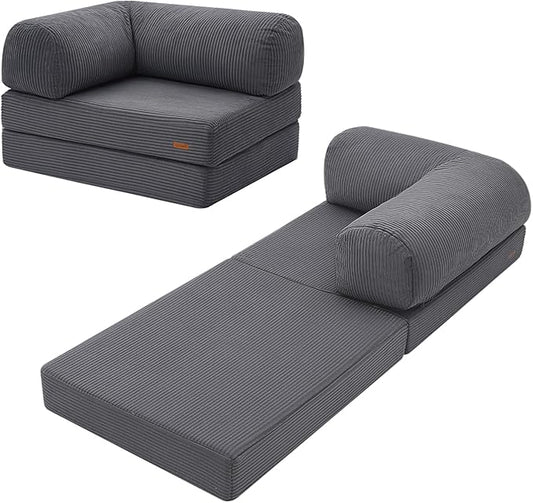COMAX Folding Sofa Bed, Fold Out Chair Bed, Foldable Sofa, Convertible Sleeper for Adults, Futon Chair Single Small Floor Couch for Spaces, Bedroom Living Room Guest Room, Grey