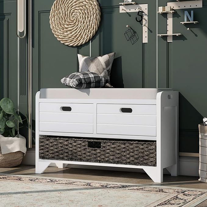 Fully Assembled Storage Bench with Cushioned Seat, 2 Drawers & Removable Basket, Solid Wood Entryway Shoe Bench for Bedroom, Hallway, Living Room (White)