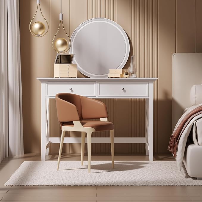 White Computer Desk with 2 Drawers, Modern Makeup Vanity Desk with Storage, Writing Desk for Home Office, 42'' Long Study Simple White Desk for Bedroom Console Table Living Room