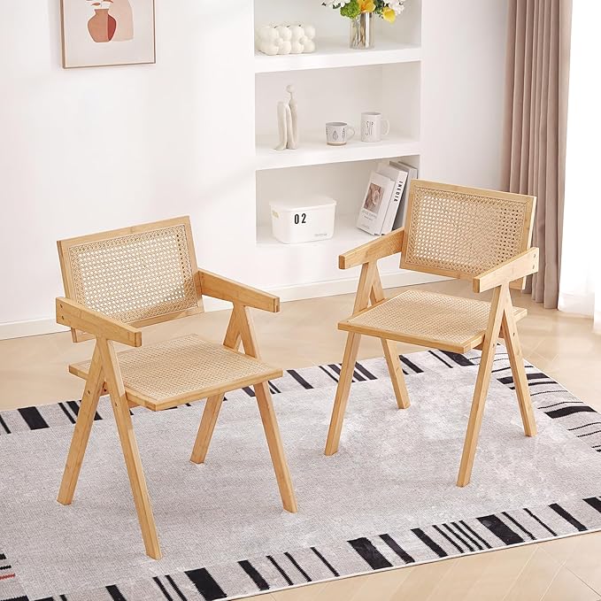 Tiita Rattan Accent Chairs, Mid Century Modern Dining Chairs Set of 2, Bamboo Living Room Chair for Reading Room Dining Kitchen, Wood