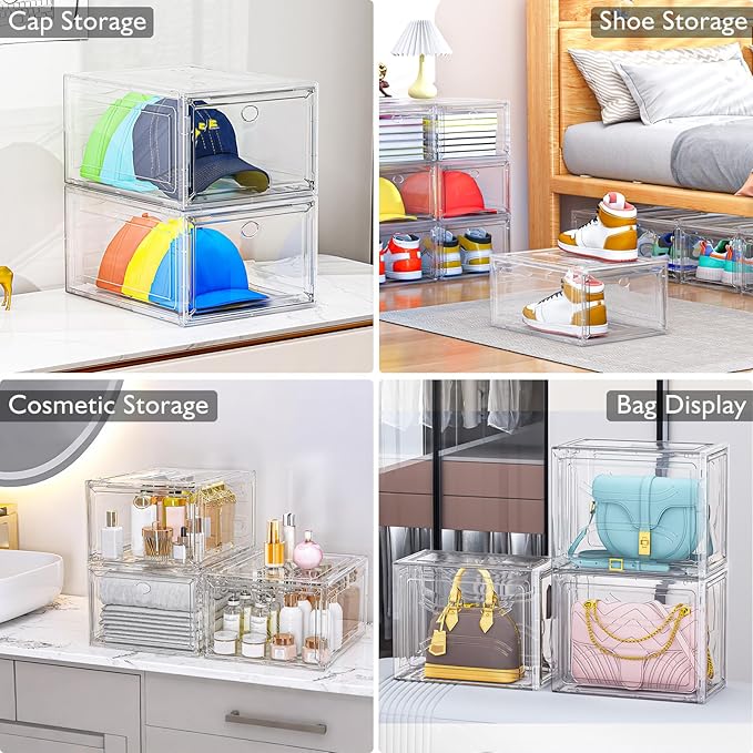 Thicken & Sturdy Clear Shoe Storage Organizer with Magnetic Door, Stackable Boxes for Closet, Foldable Space-Saving Shoe Rack for Sneaker Boot Container, Plastic Shoe Cabinet Shoe Box 6 Pack, White