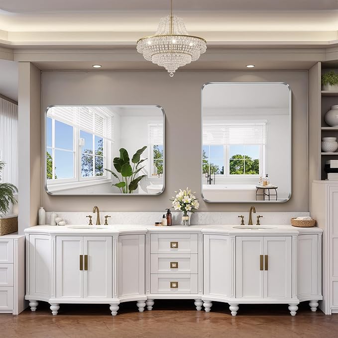 FORBATH 48x36 Inch Bathroom Mirror, Brushed Silver Deep Frame Wall Mirror with Rounded Corners, Anti-Rust Tempered Glass for Modern Farmhouse Vanity (Horizontal/Vertical Hanging)