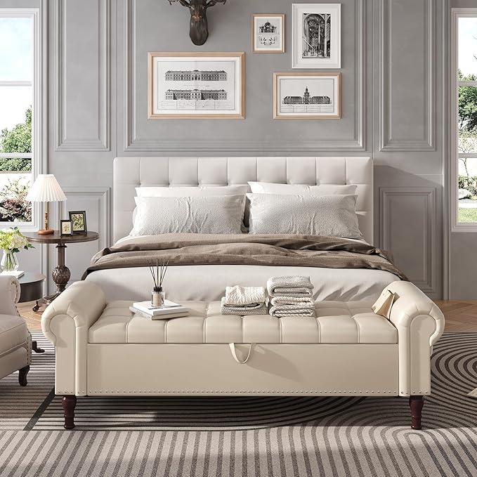 Apicizon 60” Bench with Storage, Faux Leather Ottoman Bench with Rolled Arm & Vintage Rivets, End of Bed Bench for Bedroom, Living Room, Entryway, Beige+Brown Legs