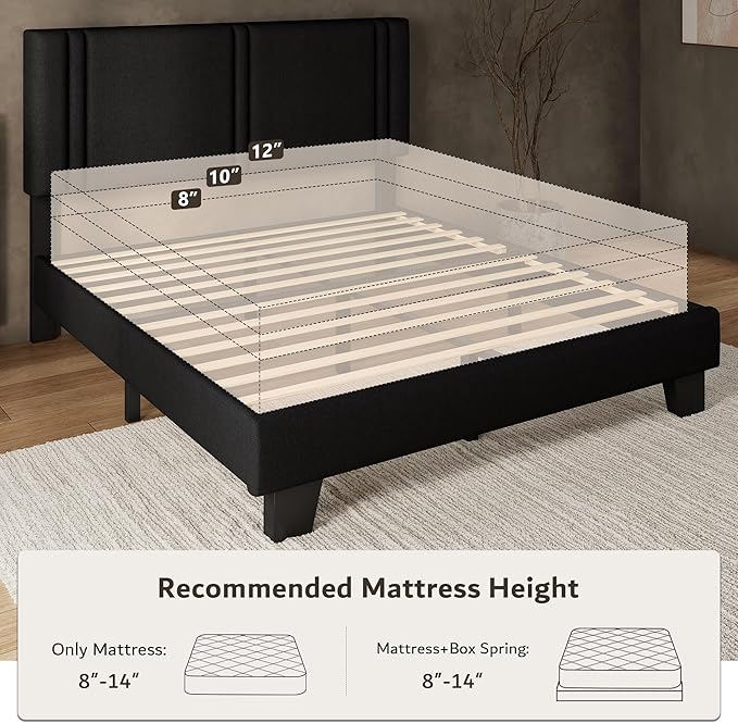 iPormis Queen Platform Bed Frame with Fabric Upholstered Headboard & Thickened Legs, Mattress Foundation with Solid Wooden Slats Support, No Box Spring Needed, Noise Free, Black