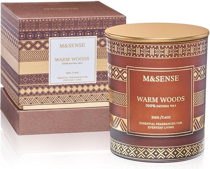 M&SENSE Christmas Candles - Warm Wood Scented Candle for Home, 7.4 Oz, 45 Hour Burn Time, Fall Winter for Men & Women, Xmas Thanksgiving Gift
