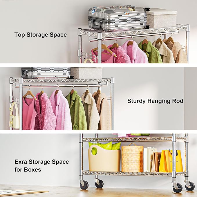 Heavy Duty Rolling Garment Rack 3 Tiers Adjustable Wire Shelving Clothes Rack with 1 Rods and Side Hooks,Storage Closet Clothing Rack with Wheels Chrome 15.7" D x 45.3" W x 75.6" H