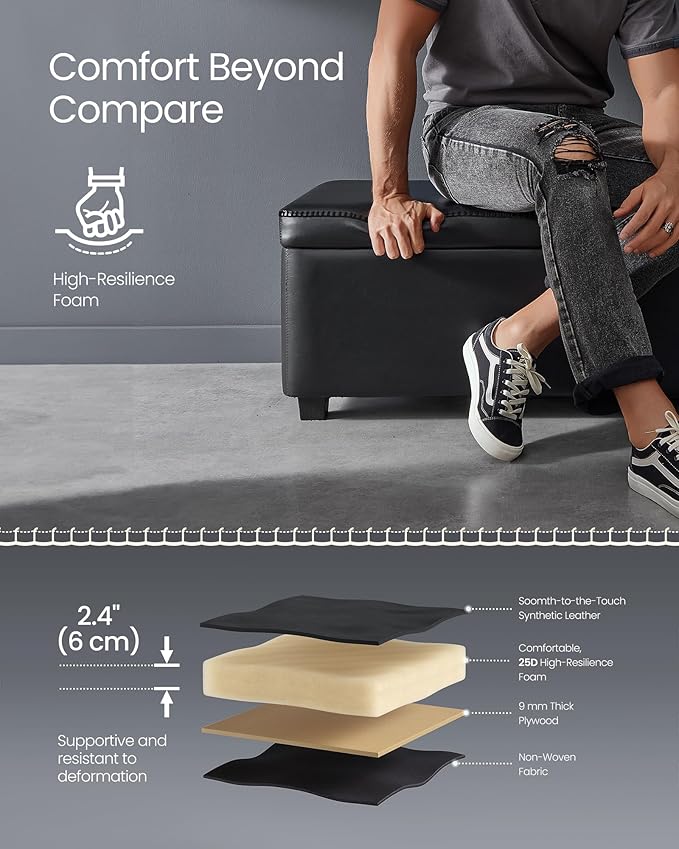 VASAGLE EKHO Collection - Storage Ottoman Bench, Entryway Bedroom Bench, 25 Gallons, Synthetic Leather with Stitching, Mid-Century Modern, Safety Hinges, Loads 660 lb, Ink Black ULOM075B01