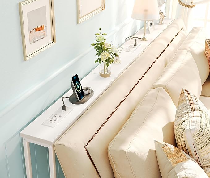 SUPERJARE 5.7 Inch Narrow Console Table with Outlet, Sofa Tables, Total Length 78.8'', Behind Couch Table, Long Entryway Tables with Charging Station, for Living Room, White