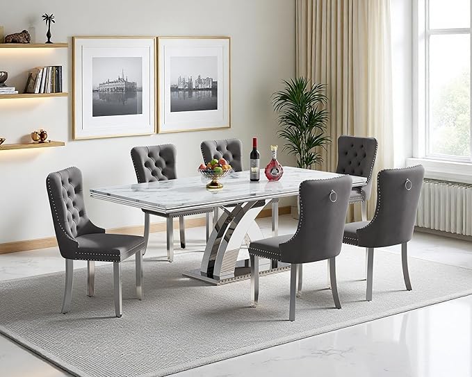 Goujxcy 68" Faux Marble Dining Table Set for 6, 7-Piece Dining Set with White Silver Kitchen Table and 6 Velvet Tufted Chairs, Modern Rectangular Dining Room Table with X-Shape Stainless Steel Base
