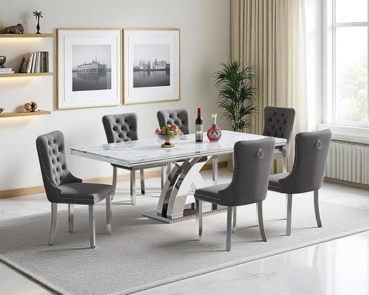 Goujxcy 68" Faux Marble Dining Table Set for 6, 7-Piece Dining Set with White Silver Kitchen Table and 6 Velvet Tufted Chairs, Modern Rectangular Dining Room Table with X-Shape Stainless Steel Base