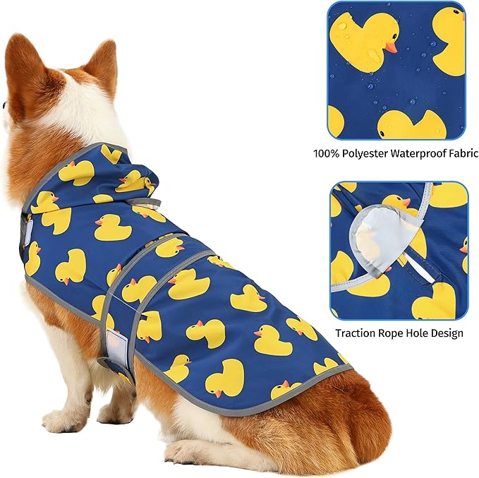 Dog Raincoat for Medium Dogs Waterproof Hooded Rain Jacket with Reflective Strips Leash Hole & Poncho Adjustable Fit (Duck,M)