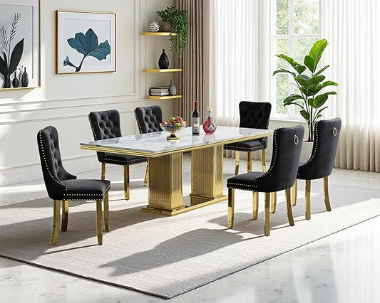 68" Faux Marble Dining Table Set for 6, 7-Piece Dining Set with White Gold Kitchen Table and 6 Velvet Tufted Chairs, Modern Rectangular Dining Room Tables with Column-Shape Stainless Steel Base