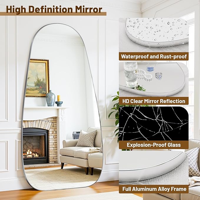 Antok Full Length Mirror, 81"x41" Floor Mirror with Stand,Standing Hanging Leaning Irregular Mirrors for Bedroom Living Room Entryway,Tear Drop Style,Silvery