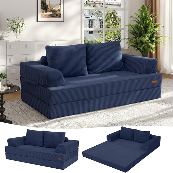 COMAX Convertible Sofa Bed, Folding Floor Couch Corduroy Fold Out Couch Bed Futon Sleeper Mattress with Pillows, Boneless Sofa Comfy Lounge Loveseat for Living Room Bedroom, Navy