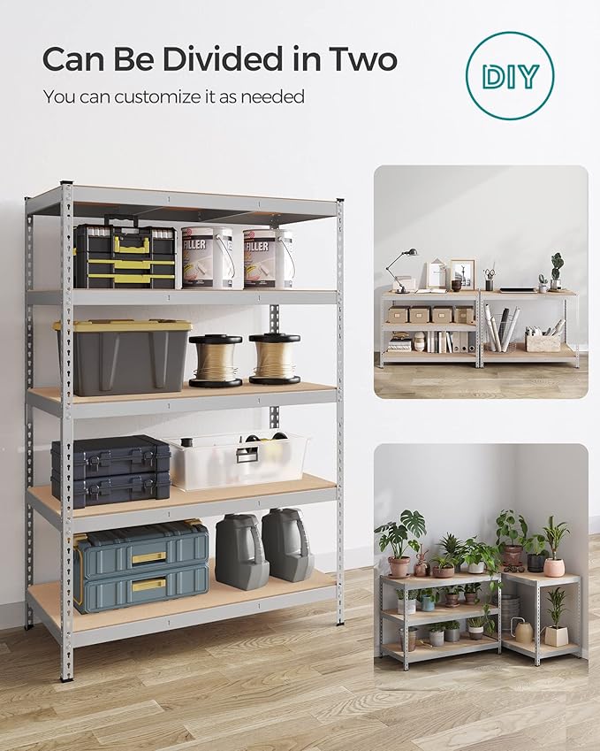 SONGMICS 5-Tier Storage Shelves, Load 2310 lb, Garage Storage, Boltless Assembly, Adjustable Shelving Unit, 23.6 x 47.2 x 70.9 Inches, for Study Shed Basement, Silver and Natural Beige UGLR600E01