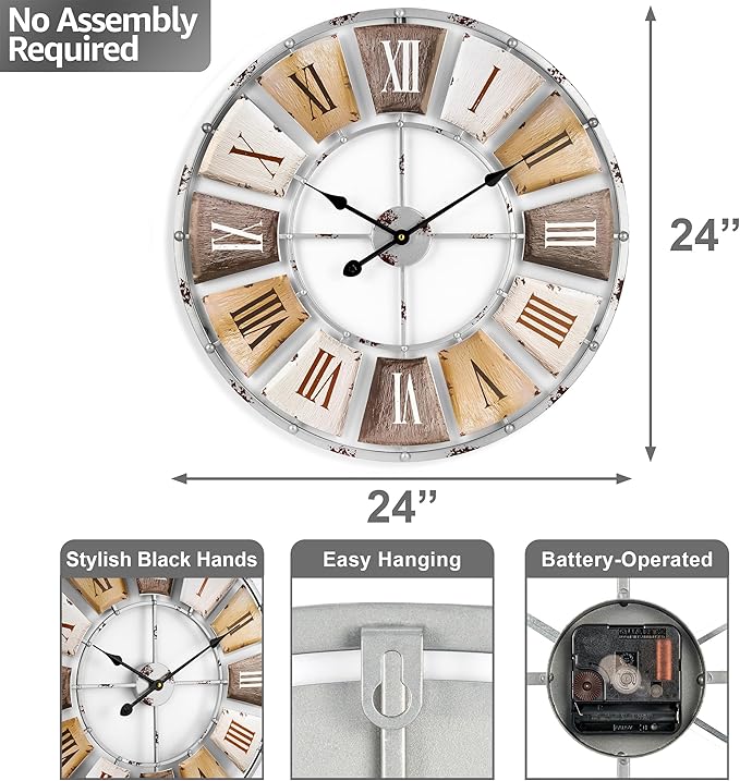 Sorbus Decorative Large 24-Inch Wall Clock for Living Room, Vintage Industrial Modern Rustic Farmhouse Style, Oversized Roman Numeral Clock, Modern Wall Clock, Ideal Room Décor