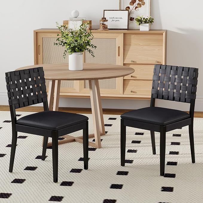 Woven Faux Leather Dining Chairs Set of 2, Farmhouse Upholstered Kitchen Chairs with Wooden Legs Armless Accent Side Chairs for Dining Room/Restaurant, Black