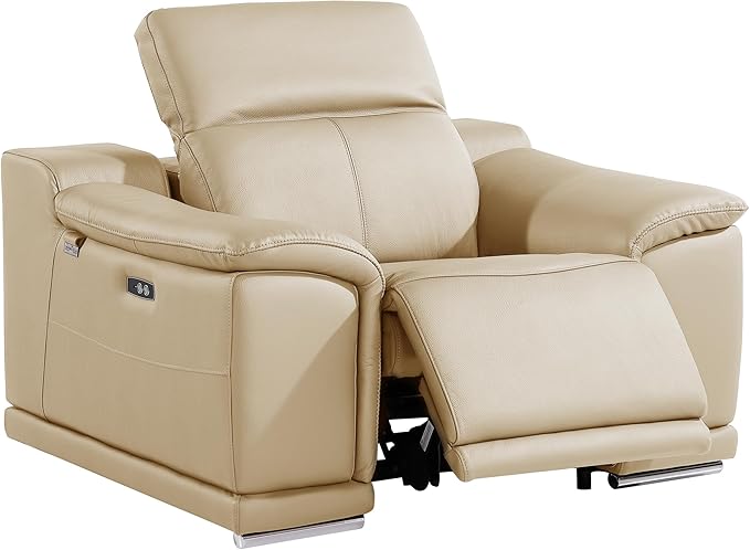 Blackjack Furniture Venice Top Grain Italian Leather Power Recliner Chair with Adjustable Headrest Modern Luxury Seating for Living Room Lounge, Beige