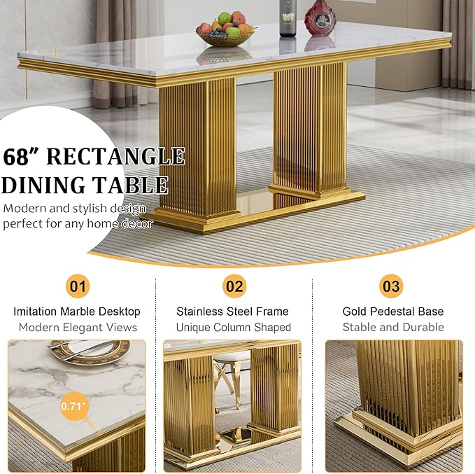 68" Faux Marble Dining Table Set for 6, 7-Piece Dining Set with White Gold Kitchen Table and 6 Velvet Tufted Chairs, Modern Rectangular Dining Room Tables with Column-Shape Stainless Steel Base