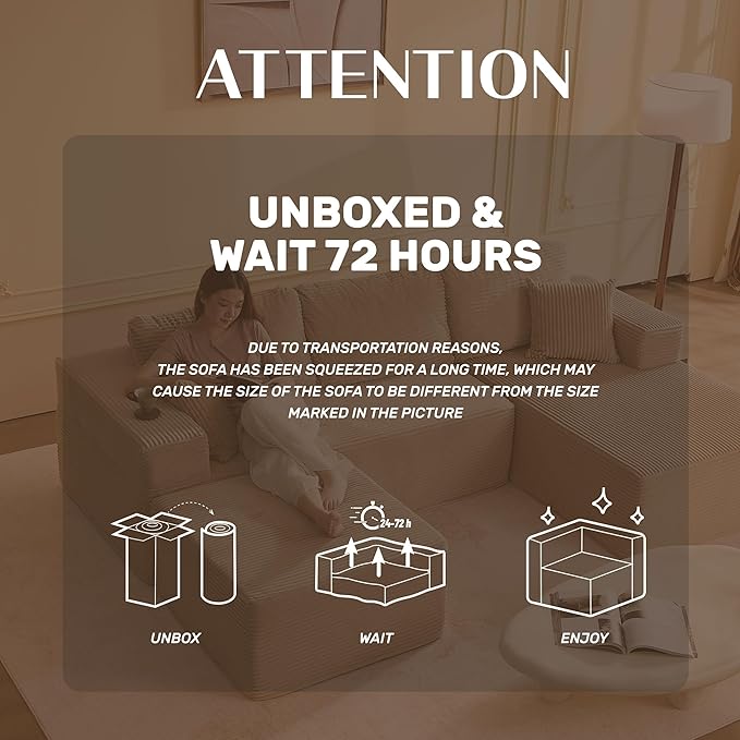 107" Boneless Couch with Deep Seat, Modular Sectional Sofa, Cloud Sectional Couch for Living Room, No Assembly Required, Corduroy, U-Shape 3 Seater Right, Camel