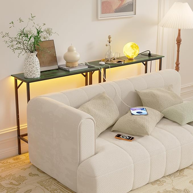 Narrow Console Table with Led Light and Charging Station，29.5" Small Entryway Table，Display Table，Entryway Hallway Thin Sofa Table Behind Sofa, Small Spaces, Living Room, Green and Black