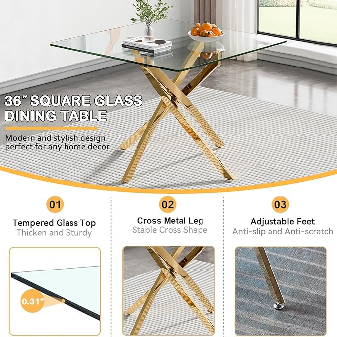 Goujxcy Glass Dining Table Set for 4, Modern Kitchen Table and Chairs Set of 4, 5-Piece Kitchen Dining Room Table Set w/36 Square Gold Glass Dining Table and 4 Black Velvet Upholstered Chairs