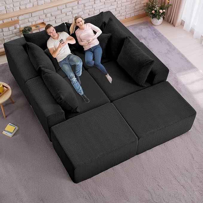 Oversize 131” Boneless Couch for Living Room, Comfort U Shaped Cloud Couch Sectional, Extra Deep Seats Corduroy Modular Sectional Sofa No Assembly,Black