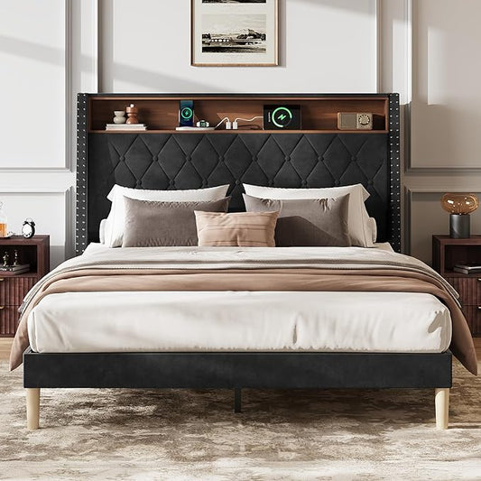 WLIVE Queen Size Upholstered Bed Frame with Storage Headboard, Velvet Square Tufted Platform Bed with Charging Station, Sturdy Metal & Wooden Slats Support, No Box Spring Needed, Black