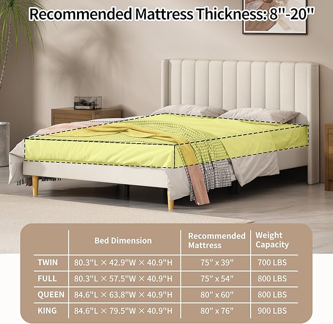 Queen Size Upholstered Platform Bed Frame with Modern Wingback & Vertical Panel Headboard, Linen Fabric, Wooden Legs & Slats Support, No Box Spring Needed, Noise-Free & Easy Assembly, Beige