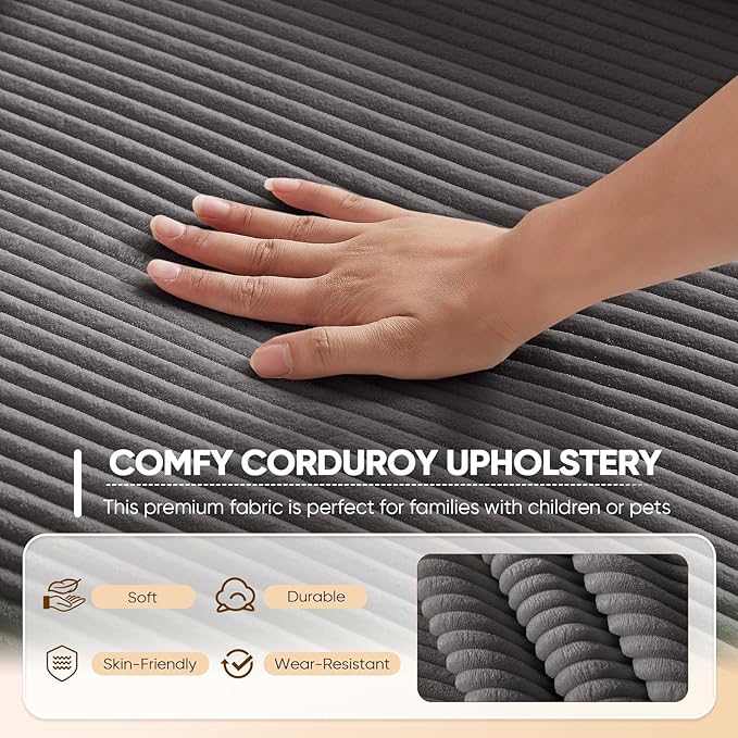 Antetek Convertible Sofa Bed, Comfy Corduroy Fluffy Love seat Sleeper Sofa, 5 in 1 Folding Couch Bed, Fold Out Floor Couch with Pillows for Bedroom, Living Room, Office, Pinstripe, Grey