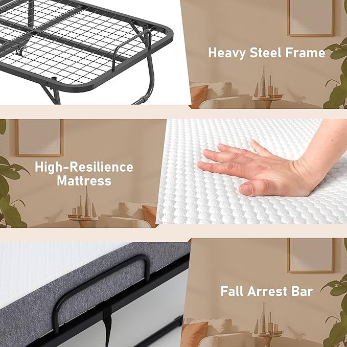 Folding Bed with Mattress, 75" x 31" Twin Size Rollaway Bed on Wheels, Foldable Metal Frame & Storage Pocket, Space-Saving Portable Cot for Adults, Home, Office, Apartment