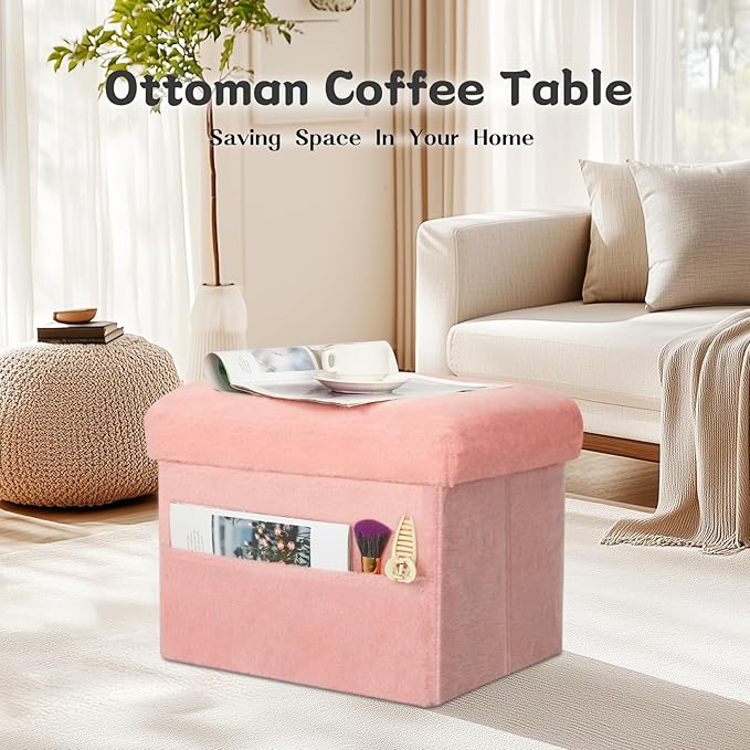 Storage Ottoman, Folding Ottoman Foot Rest Stool with Thicker Furry Padded Seat. Soft Fur Small Ottoman Bench with Storage for Bedroom Living Room, Holds Up to 300 lbs, 17x13x13IN (Pink)