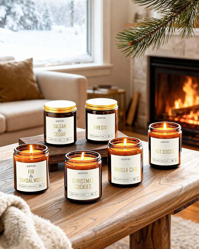 AOOVOO Candles Set - 6PC Scented Candles, Soy Candle, Aromatherapy Candle, Soy Wax Candle, Candle for Home Scented, Balsam/Fir/Firseide/Cocoa/Vanilla Cake/Cookies