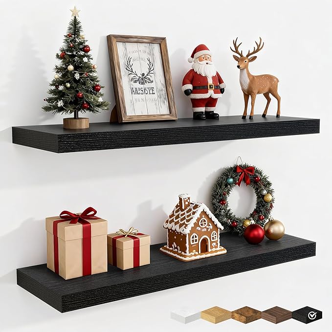 Fun Memories Floating Shelves for Wall, 32 Inch Rustic Wood Wall Mounted Shelves for Bathroom, Bedroom, Kitchen, Living Room, Deep Floating Shelves for Storage & Home Decor (Black, Set of 2)