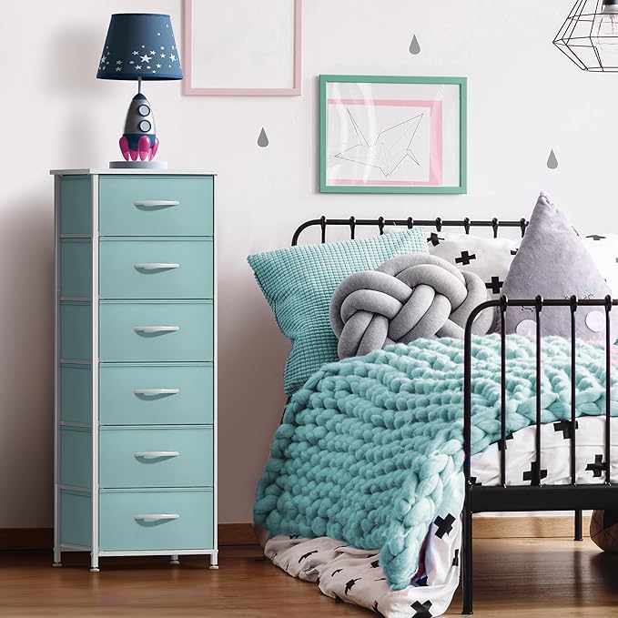 Sorbus Fabric Dresser for Kids Bedroom - Chest of 6 Drawers, Tall Storage Tower, Clothing Organizer, for Closet, for Playroom, for Nursery, Steel Frame, Fabric Bins - Wood Handle (Aqua)