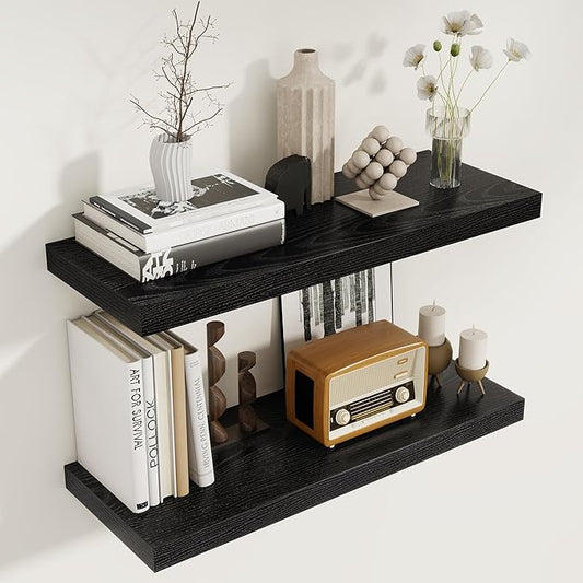 Black Floating Shelves for Wall, 27.5 Inch Bathroom Shelves Set of 2, Rustic Wood Wall Shelf with Invisible Brackets for Books|Storage|Decor, 8 Inch Deep Floating Shelf for Bedroom|Kitchen
