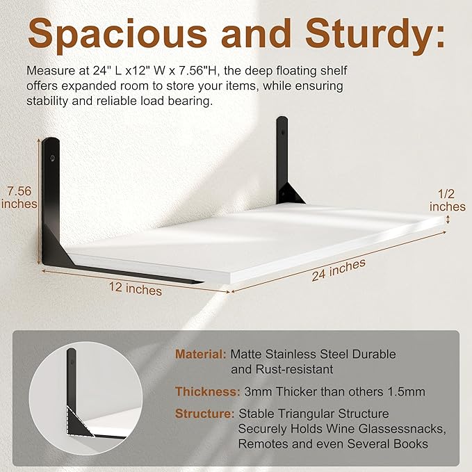 Fun Memories Deep Floating Shelves for Wall, 12 Inch Deep White Wall Shelf, 24 Inch Long Floating Shelves with Bracket Set of 2, Rustic Deep Storage Shelf for Bedroom, Living Room, Kitchen