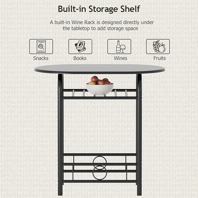 JUMMICO 3-Piece Wooden Round Table & Chair Set, Space Saving Kitchen Breakfast Nook Wood Grain Tabletop with Metal Frame and Built-in Wine Rack for Kitchen, Dining Room (Black)