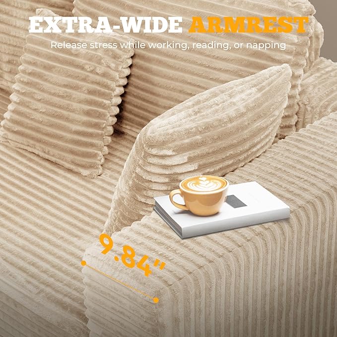 146" Modular Sectional Sofa, Convertible U-Shaped Cloud Couches for Living Room with Ottoman, 6 Seater Corduroy Boneless Couch Sofa Set, No Assembly Required, Khaki 1 PCS