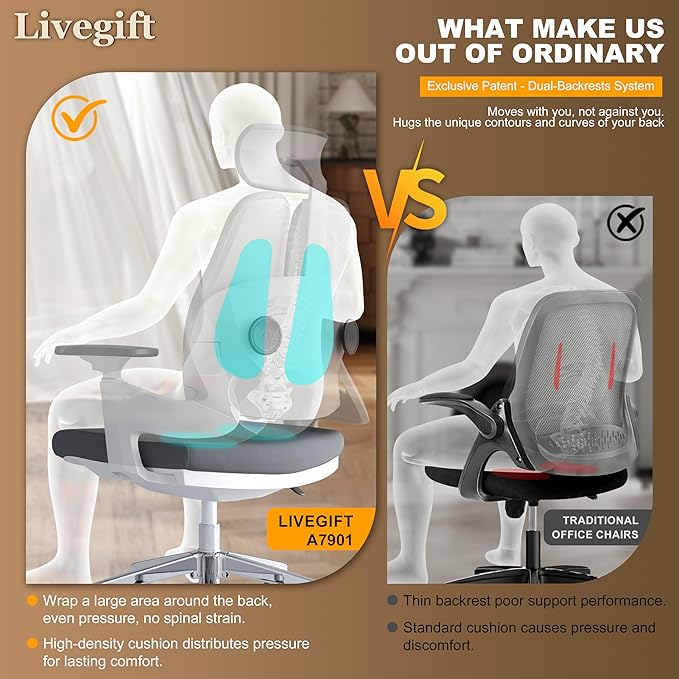 Ergonomic Office Chair Desk Chair Dual-backrest Computer Chair with Flexible Lumbar Support and Adjustable Height, 500lbs Extra Wide Seat with Wheels, for Home & Office Use Grey