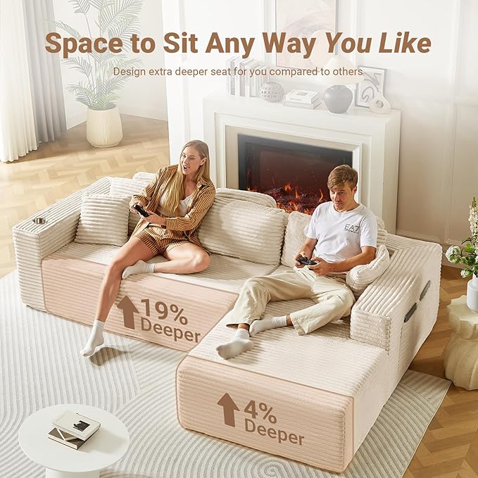 108" Boneless Couch, Cloud Couch Modular Sectional Sofa with Deeper Seat, L-Shaped Sofa with 4 Storage Pockets, Comfy Corduroy Couches for Living Room (Right Facing Chaise, Beige)