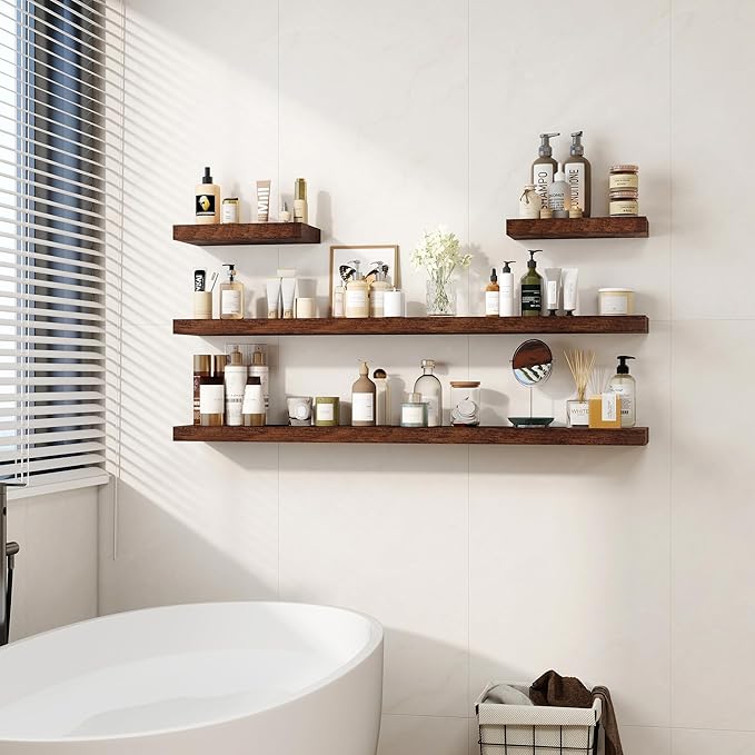 Fun Memories 55 Inch Floating Shelves for Wall, Fireplace Mantel Shelf with Invisible Heavy Duty Bracket, 8 Inch Deep Storage Shelf for Living Room, Kitchen, Farmhouse, Brown