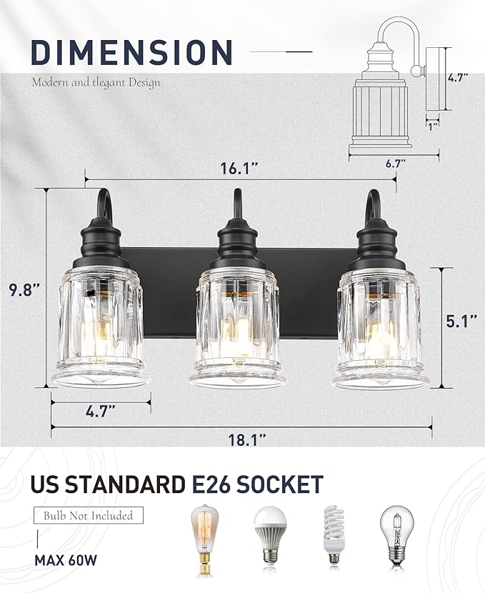 HWH INVESTMENT Bathroom Light Fixtures, 3-Light Matte Black Vanity Light, 18 Inch Wall Sconces with Bell-Shaped Clear Glass, Bathroom Wall Lights for Mirror Bedroom Hallway, 5HZG106B-3W BK