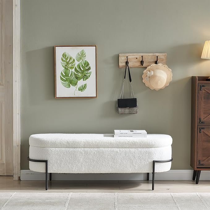 Sherpa Storage Ottoman Bench for Bedroom, White End of Bed Bench with Storage, Upholstered Boucle Storage Bench with Metal Stand and Hinges, Oval Ottoman for Living Room, 45 Inch