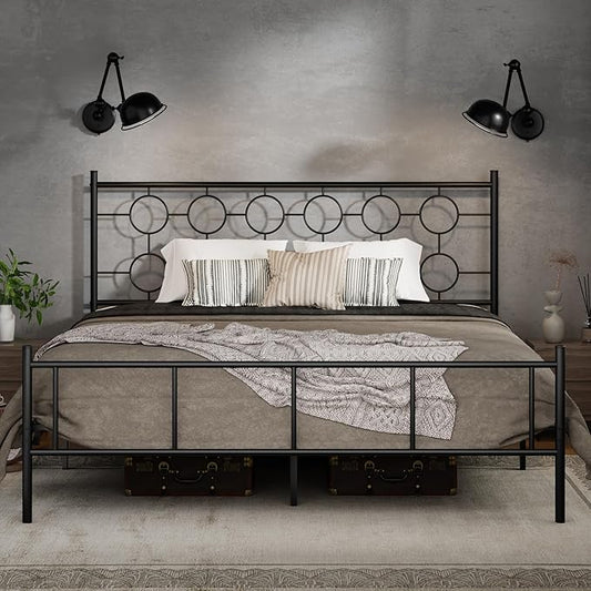 King Size Classic Metal Platform Bed Frame with Headboard and Footboard, Victorian Style Iron Bedframe with 12 inch of Storage Under Frame, Slat Support, No Springs Required, Easy to Assemble (Black)
