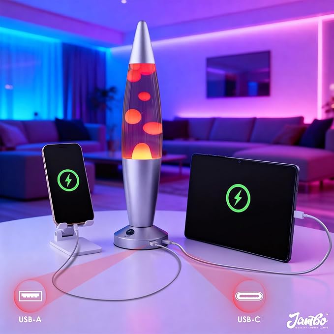 JAMBO 16" Beautiful Liquid Motion Lamp with USB -Purple with Yellow/Orange Wax for Adults, Teens and Kids, Magma Lamp, Home Decor Living Room Office Bedroom, Relaxing Night Light Nightlight